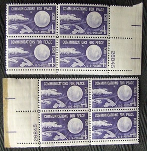 US 4¢ stamp SC #1173 Communications For Peace MNH 1960 two matching plate blocks - Picture 1 of 1