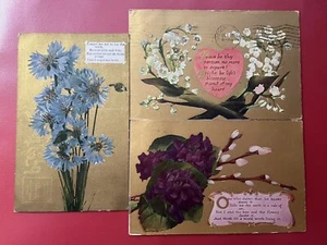 3 Early Floral Postcards ~ DB, Purple White & Blue Flowers, Poems, Gold - Picture 1 of 7