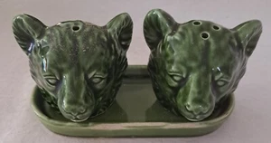 Bear Head Salt & Pepper Shakers Tray Green Arrow Jersey City NJ Vintage Japan - Picture 1 of 6