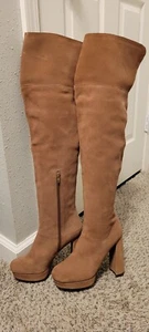 JEFFREY CAMPBELL DESTINO THIGH BOOTS 8M SUEDE LIGHT BROWN  MWOB PLATFORM  - Picture 1 of 11