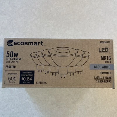 6 PACK EcoSmart 50-Watt  MR16 Dimmable GU5.3 Base Cool White LED Light Bulb - Image 1 of 4