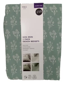 M&S Home 2 Pack Non Iron Cotton Blend Super King Bedset Green/Natural New F1 - Picture 1 of 12