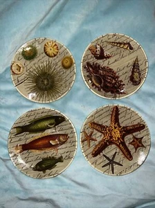 Set of 4 Glass Plates With Fish Shells Starfish Lithograph Seaside Urchins - Picture 1 of 7