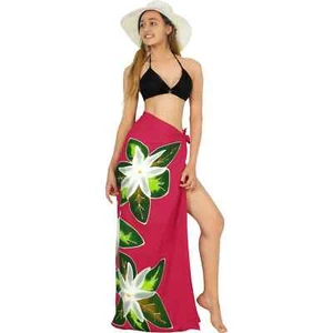 LA LEELA Women's Beach Sarong Cover Up Swimwear Wrap Pareo Red Hibiscus - Picture 1 of 5