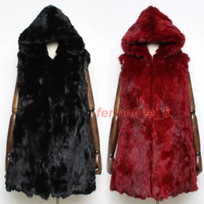 Women 100% Real Rabbit Fur Vest Hooded Real Fur Warm Waistcoat Sleeveless Jacket - Image 1 of 4