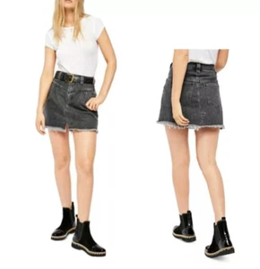FREE PEOPLE Women's 27 Black Sidecar Frayed Hem Denim Mini Skirt Sanded NWT - Picture 1 of 11