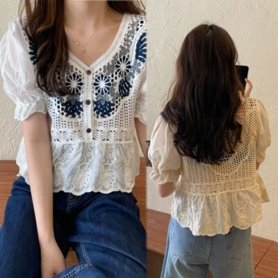 Women Puff Short Sleeve Chiffon Blouse V-Neck Button Crochet Floral Peplum Top - Image 1 of 4
