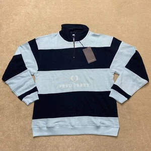 Fred Perry Sweatshirt Men's S-L Blue 1/4 Zip Striped Spellout Pullover Vintage - Picture 1 of 22