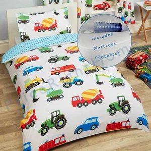 TRUCKS AND TRANSPORT JUNIOR DUVET COVER SET + TODDLER MATTRESS PROTECTOR - Picture 1 of 8