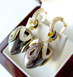 SALE ! GORGEOUS MADE OF STERLING SILVER 925 EARRINGS w/ GRAY PEARL and ENAMEL - Picture 1 of 1