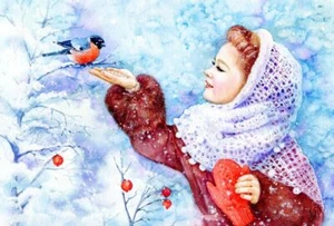 Mädchen und Vogel Winter Schnee Postkarte Kunst Postcrossing bedruckt in Russland UNPOSTIERT - Bild 1 von 1