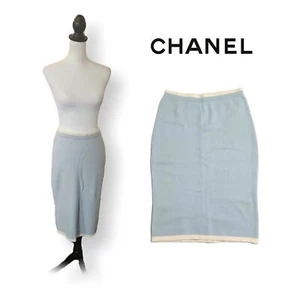 Chanel (Authentic) Light Blue & Ivory Trim Cashmere Vintage Pencil Skirt, Size 6 - Picture 1 of 10