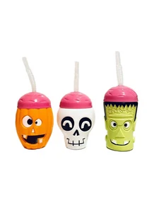 Plastic Halloween Character Cups with Flexible Straws, 16 oz. Lot 3- NEW - Picture 1 of 5