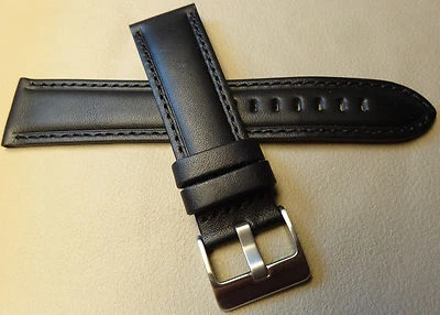 Genuine Leather Black Padded 22mm Smartwatch Watch Band Stainless Steel Buckle - Image 1 of 4