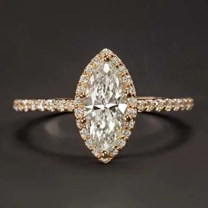 1 CARAT G SI2 MARQUISE CUT DIAMOND ENGAGEMENT RING ROSE GOLD HALO PAVE BAND 1ct - Picture 1 of 3
