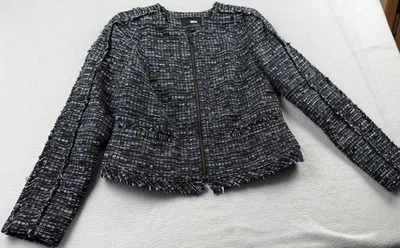 Banana Republic Black Blue Tweed Fringe Trim Cropped Blazer Jacket Zipper Sz 8 - Image 1 of 4