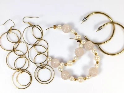 Chunky Faux Pearl Pink Gold Tone Hoop Earrings Circles Dangle Earrings LOT - Image 1 of 4