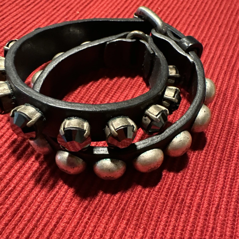 Ronald Pineau Black Leather Bracelet Vintage Stud Rhinestone Designer Sighted - Image 1 of 4