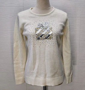 Croft & Barrow Holiday Crewneck Pullover Shirt weiß Geschenk Gr. S glänzend Pailletten - Bild 1 von 8