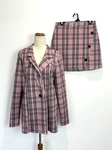 Pretty Little Thing Womens Set 14 XL Pink Check Boyfriend Blazer Jacket & Skirt - Picture 1 of 18