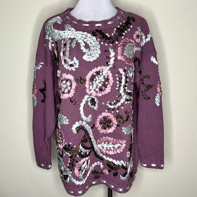 Vintage Curio Sweater Large Purple Chunky Knit Ribbon Rosette Artsy Crewneck - Image 1 of 4