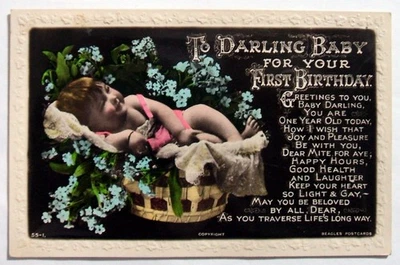 Greetings Postcard - BABY'S FIRST BIRTHDAY, BEAGLES RP, 1935  (DAV10-14) - Image 1 of 2