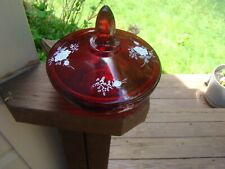 Fenton RICH Ruby Red Art Glass Hand Painted ROSES Artist Signed  CANDY Dish 