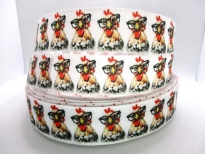 Chicken Wearing Glasses 1" Grosgrain Ribbon~ YOUR CHOICE 5 or 10 Yards (Animal) - Picture 1 of 3