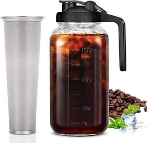 64oz Cold Brew Coffee Maker Glass Mason Jar Pitcher, Pour Spout Lid, and Filter - Picture 1 of 6