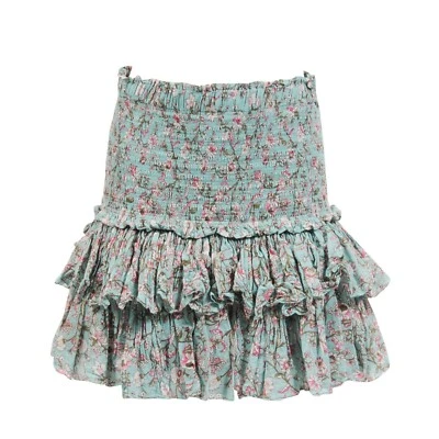 Isabel Marant 女式短裙 42 码 Naomi 缩褶绿色蓝绿色花卉荷叶边 — 第 1/4 张图片