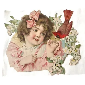 Antigua Litografía Victoriana Maude Humphrey Estampado Recortado Niña Pájaro y Flores - Imagen 1 de 7