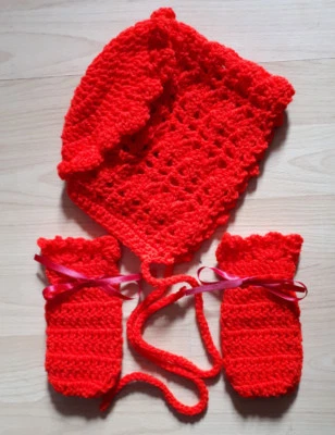 HANDMADE BY CAROLS CROCHET Handgefertigte handgehäkelte Baby Mädchen Filet Mütze & Handschuhe verschiedene Farben 100 % Acryl