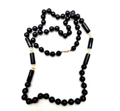 出售 * 复古黑玛瑙 14K 黄金珍珠 32 英寸歌剧长度项链 — 第 1/4 张图片