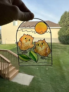 Vintage Sun Catcher Capiz Shell Stained OWLs Wall Window Hanging - Picture 1 of 5