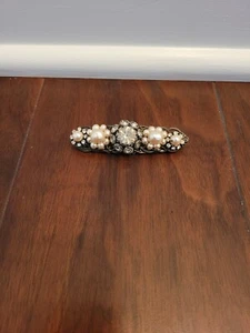 Vintage Miriam Haskell Silver Tone Faux Pearl & Crystal Brooch, 2 3/4" SIGNED - Picture 1 of 6