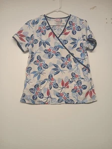 Cherokee Scrub Top Womens Size Small Flowers & Hearts Red White and Blue Vintage - Picture 1 of 16
