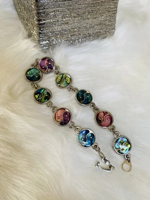 Abalone Inlay Multicolor Silver Tone Bracelet 7.25" MOP Green Blue EUC - Image 1 of 3