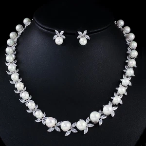 Cubic Zirconia Sposa Grande Rotondo Foglia di Perla Matrimonio Collana Orecchini Set Gioielli - Foto 1 di 9