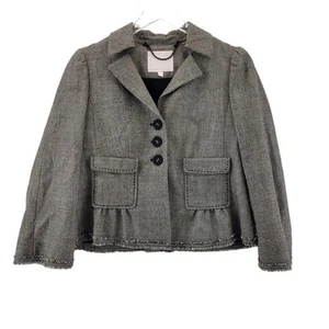 Rebecca Taylor Jacket Blazer Womens Size 8 Wool Black White Print Fringe Hems - Picture 1 of 13