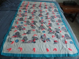 Unique Handmade Vintage Baby Blanket Dog Cat Pattern Pink Tufts 55x35 XCondition - Picture 1 of 13