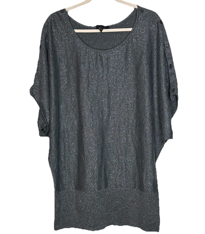 Suéter Lane Bryant metálico gola barco cinza curto quimono mangas botão 22/24 - Imagem 1 de 4