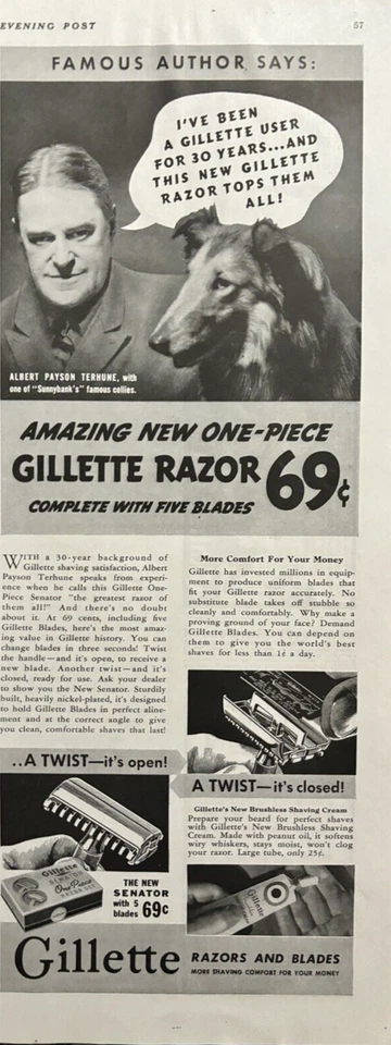 Gillette Razors And Blades Albert Terhune Collie One Piece Vintage Print Ad 1938 - Image 1 of 1