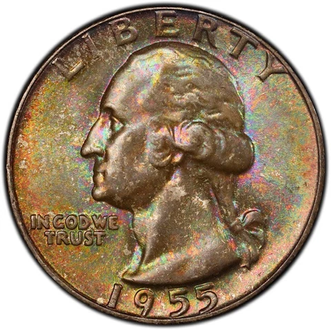 MS66 1955 25C Washington Silver Quarter, PCGS Secure- Rainbow Mint Set Toned Cover