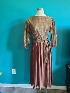 Womens Vintage Bronze Metallic Pleated Cocktail Dress Size Medium 70s 80s - Picture 1 of 8