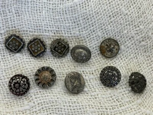 10 Antique Pewter Buttons, Reticulated, Grids, Flowers, Faux Cut Steel - Picture 1 of 9