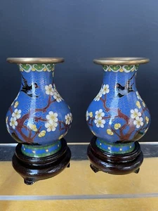 Pair Vintage Chinese Cloisonne Vases Light Blue , W/ Cherry Blossom Vases - Picture 1 of 12