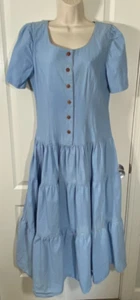 Vintage Chambray Dress Blue 12 Cottagecore Midi Tiered Boho Hippie Western - Picture 1 of 13
