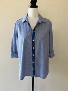 Threadz | Sz S 12 14 | Blue White Stripe Shirt Blouse Floral Back - Picture 1 of 8