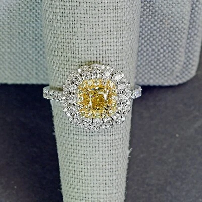 14k Solid White Gold Natural White and Yellow Colored Cushion Diamond Halo Ring - Image 1 of 4