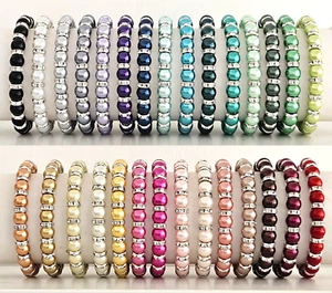 Elastic Glass Pearl & Diamante Rondelle Bead Bracelet / Gift Pouch - 29 Colours - Picture 1 of 161